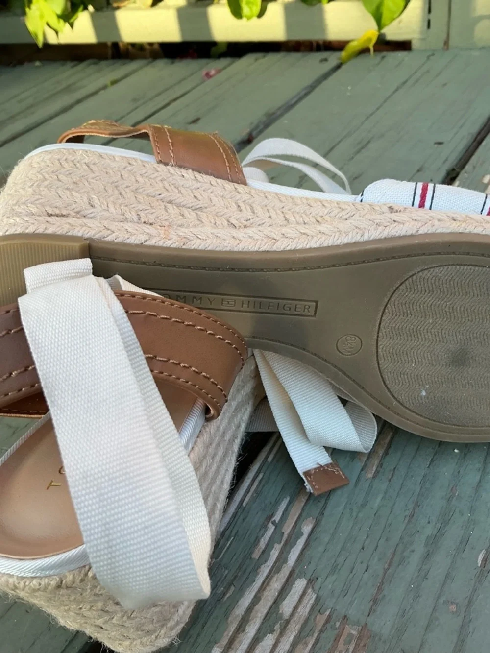 Tommy Hilfiger White Canvas Espadrille Wedges with Red Stripes
